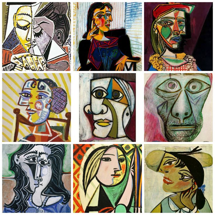 nine different colored paintings with faces on them