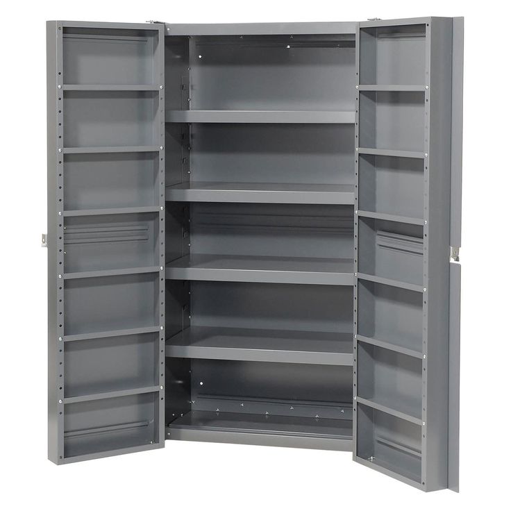 an open metal storage cabinet with shelves on both sides