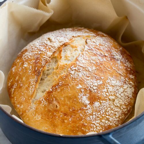 a loaf of bread in a blue pot