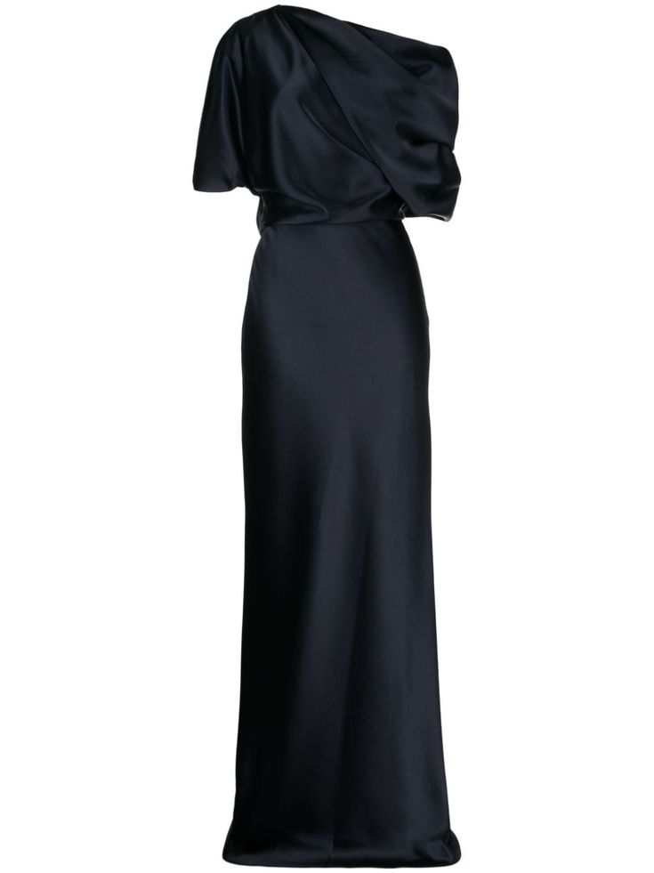 midnight blue satin finish draped design off-shoulder short sleeves extra-long length straight hem Blue Evening Gowns, Gown Blue, Sleeve Gown, Satin Long Sleeve, Long Sleeve Gown, Designer Drapes, April 2024, Blue Satin, Classic Silhouette