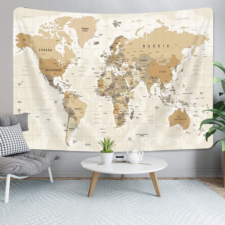 a living room with a large map on the wall