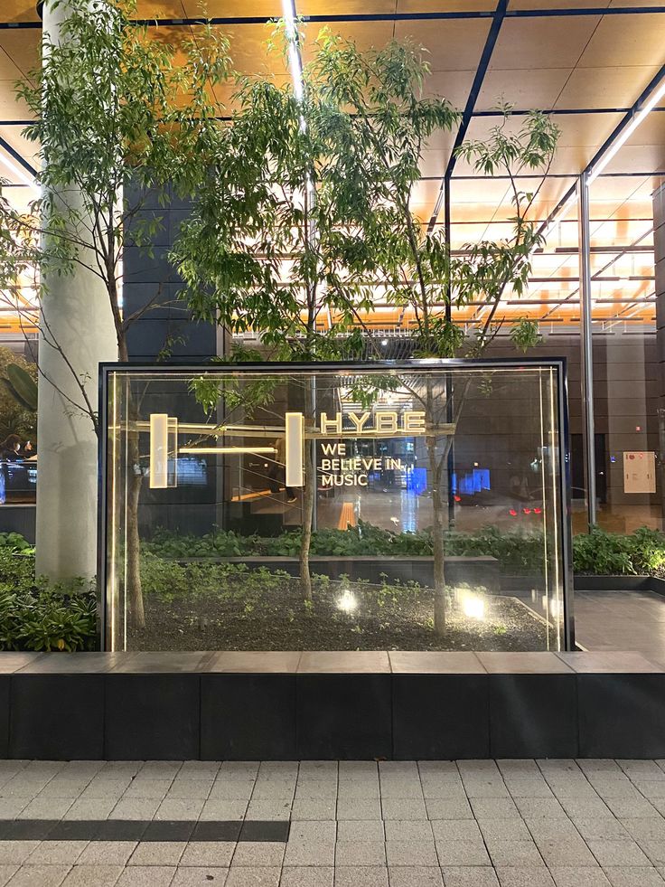 a large glass box sitting on the side of a sidewalk next to a tree and building