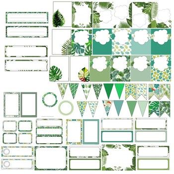 an assortment of green and white paper with different shapes, sizes, and designs on it