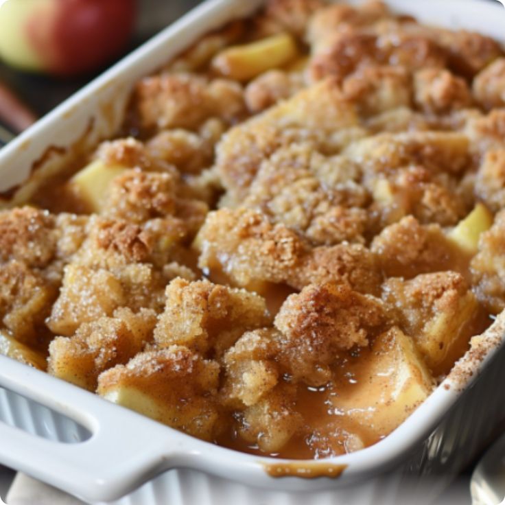 a casserole dish filled with apples and crumbs on top of a table