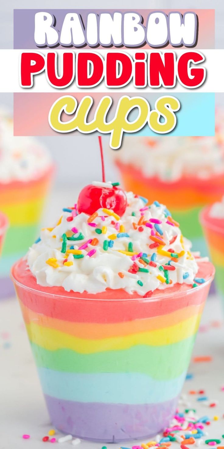 rainbow pudding cups with sprinkles and a cherry on top