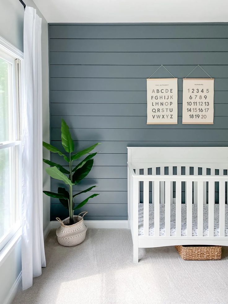 a baby's room with two pictures on the wall and a white crib