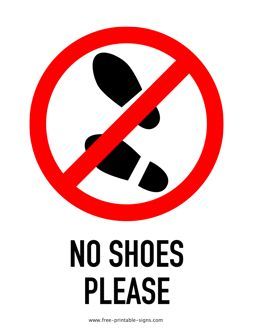 a sign that says no shoes please in black and white with a red circle behind it