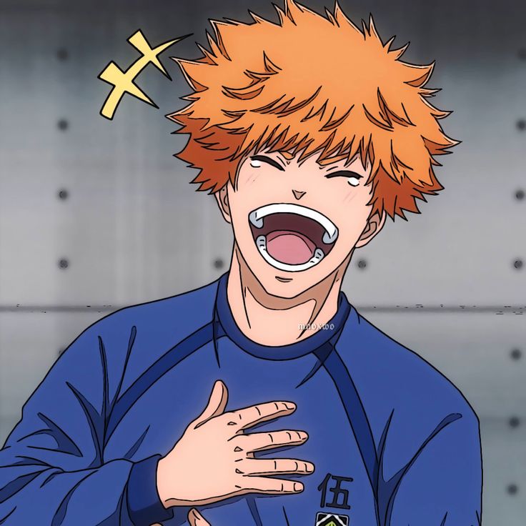 an anime character is laughing and holding his hands out to the side, with one hand on his chest