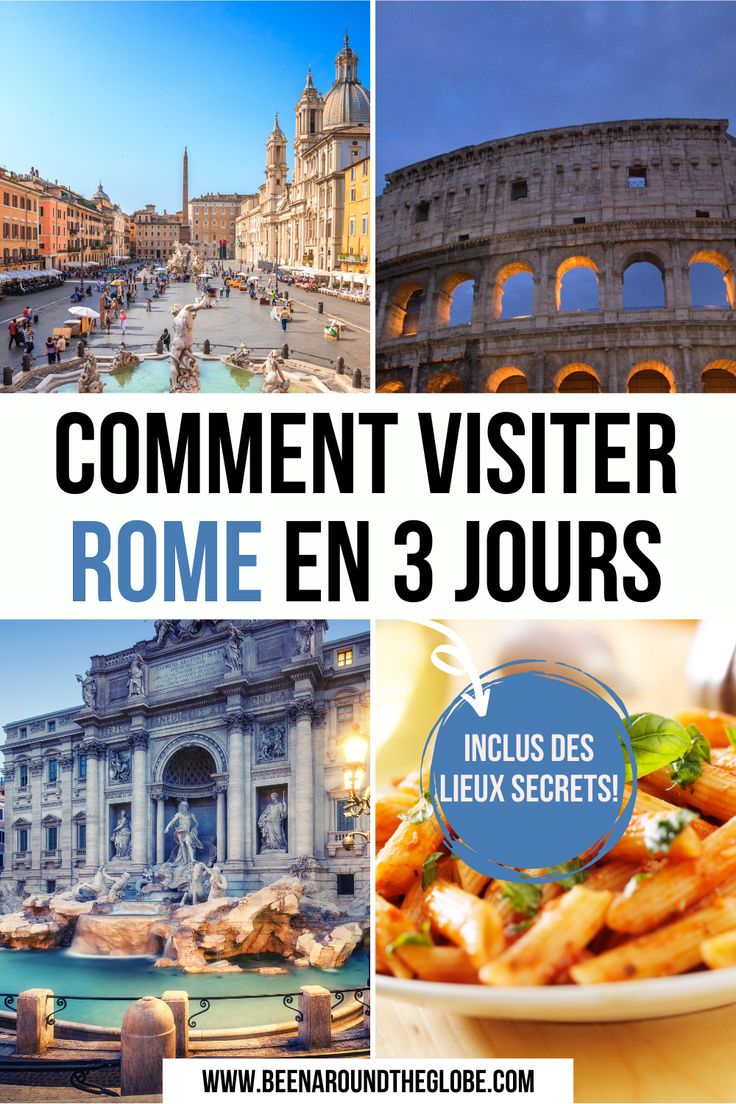 collage of photos with the words comment visiter rome en 3 jours in french