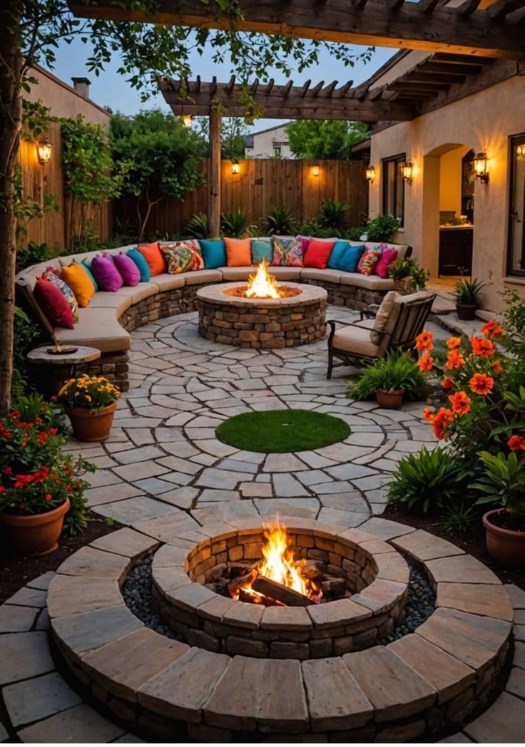 an outdoor fire pit surrounded by seating and flowers