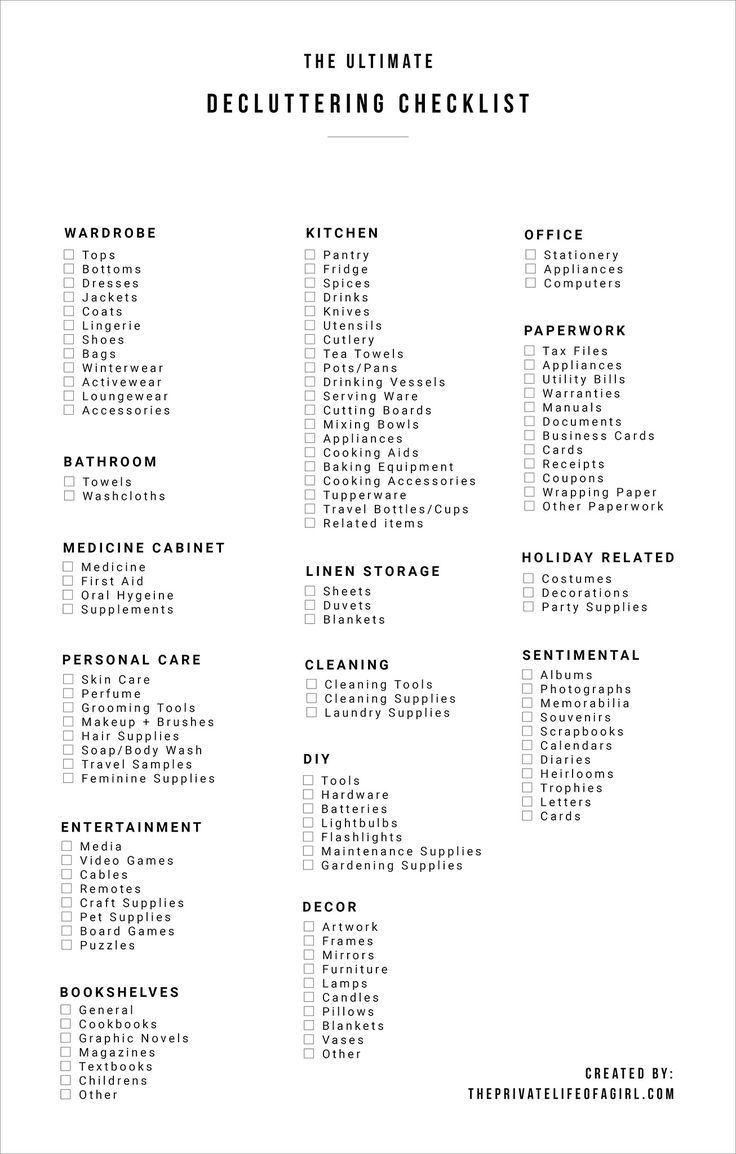 the ultimate decluttering checklist is shown in black and white with text