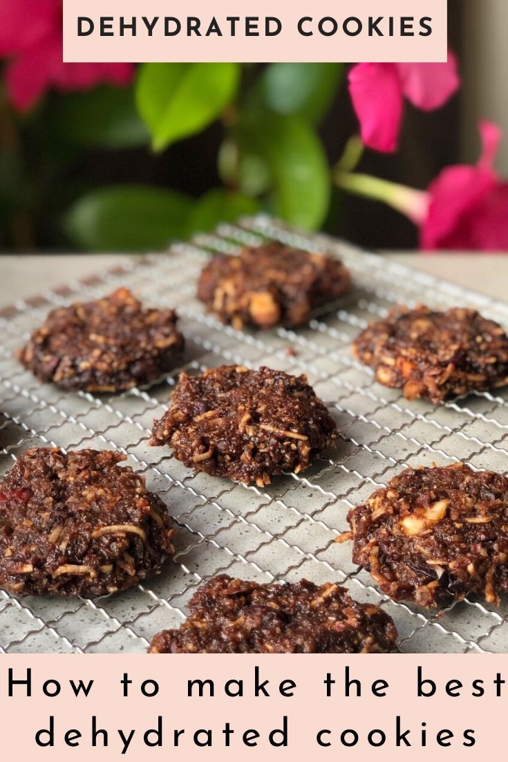 chocolate cookies on a cooling rack with pink flowers in the background and text overlay that reads, dehydrated apple coconut cacoccoo cookies