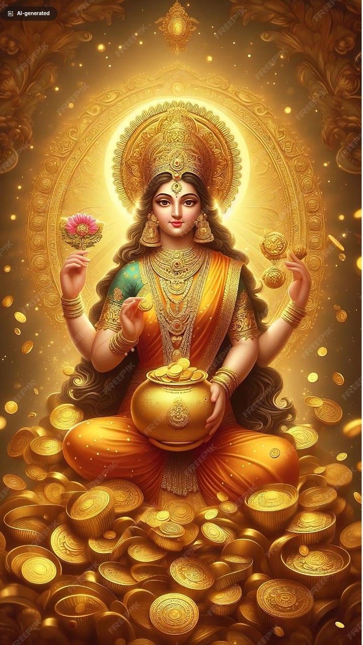 the goddess sitting on top of gold coins with her pot in hand and holding a flower