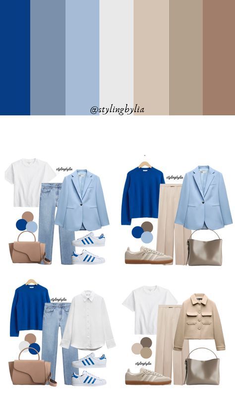 Blue And Beige Outfit, Capsule Wardrobe Women, Blue Color Combinations, Outfit Ideas 2024, Colour Combinations Fashion, Color Combos Outfit, Color Combinations For Clothes, Good Color Combinations, Fashion Capsule Wardrobe