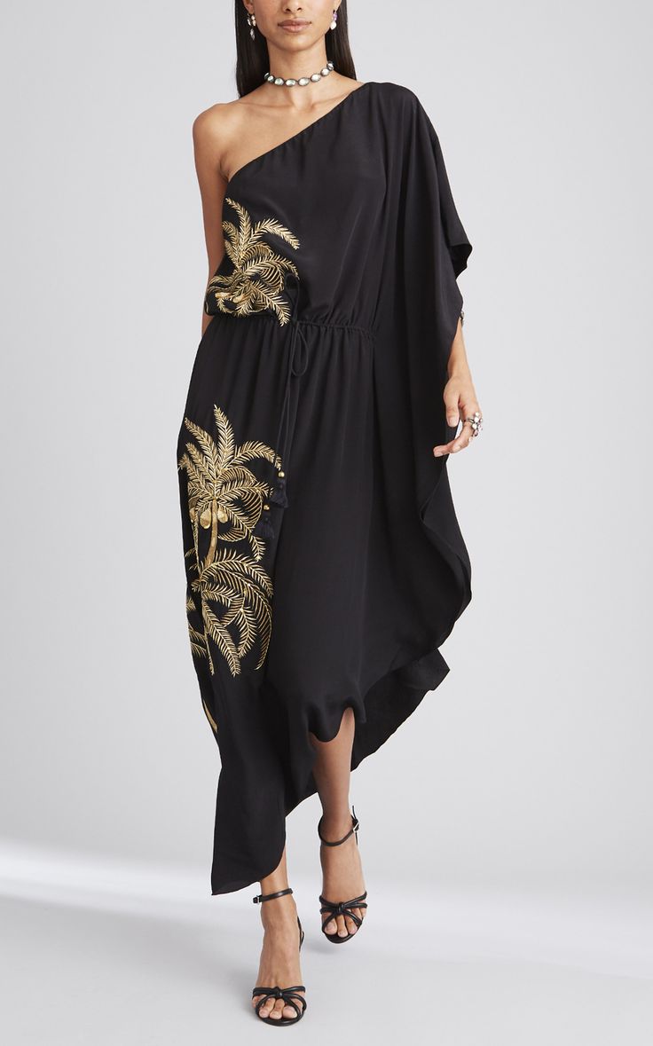 Figue Maisie One Shoulder Palm Dress Tropical Embroidery, One Shoulder Drape Dress, Palm Dress, Colorful Characters, Drape Dress, Dress Indian Style, Dress Indian, Indian Designer Outfits, Free Flowing