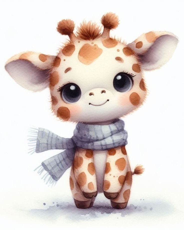 a cute giraffe with a scarf around it's neck and big eyes