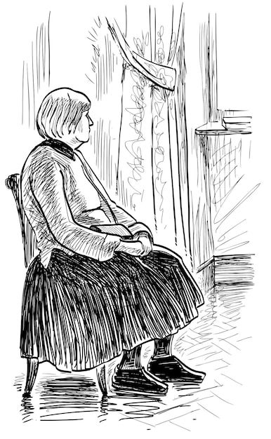 an old woman sitting in a chair looking out the window