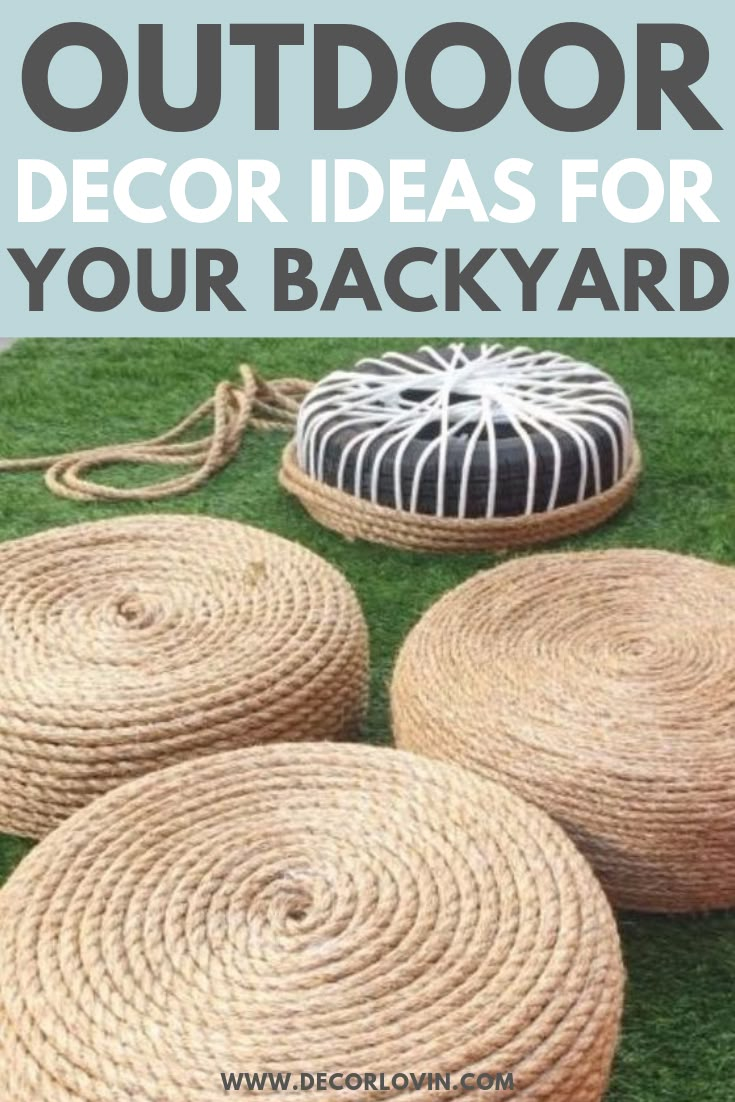 four round baskets sitting on the grass with text overlay that says outdoor decor ideas for your backyard