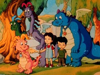 cartoon characters standing in front of a tree with an elephant and other animals around them