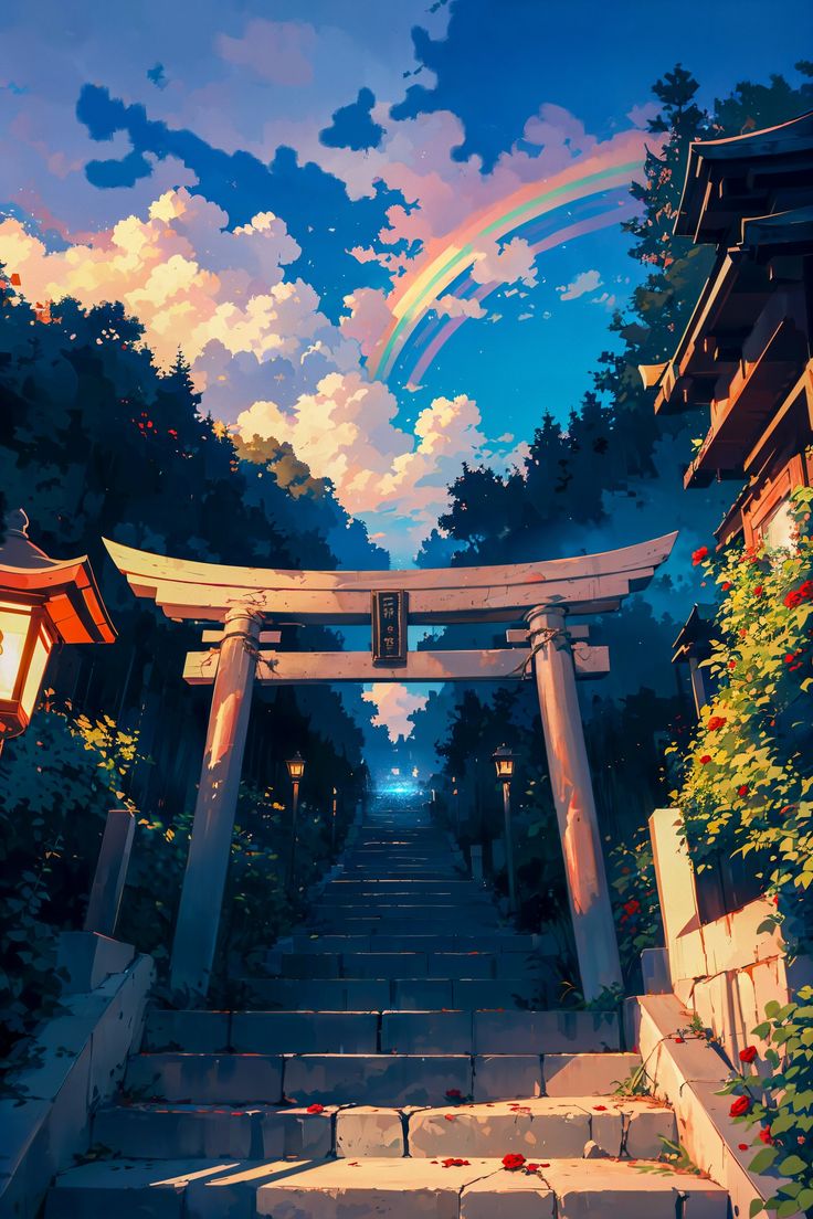 an image of a japanese temple with a rainbow in the sky