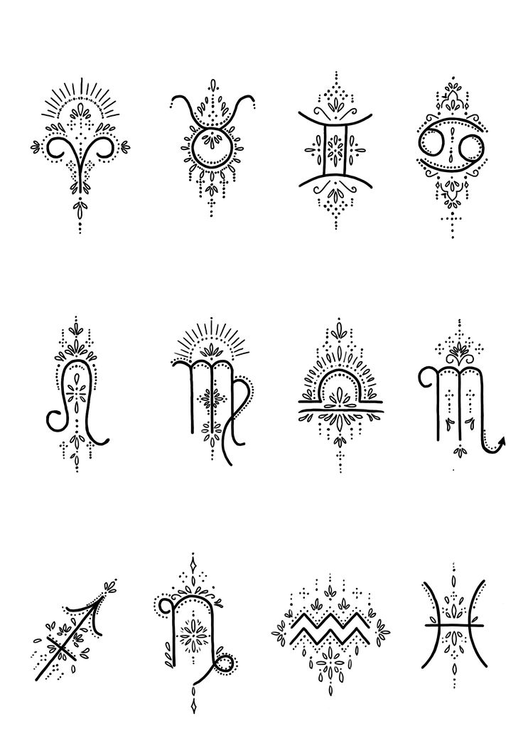 the twelve zodiac signs in black and white