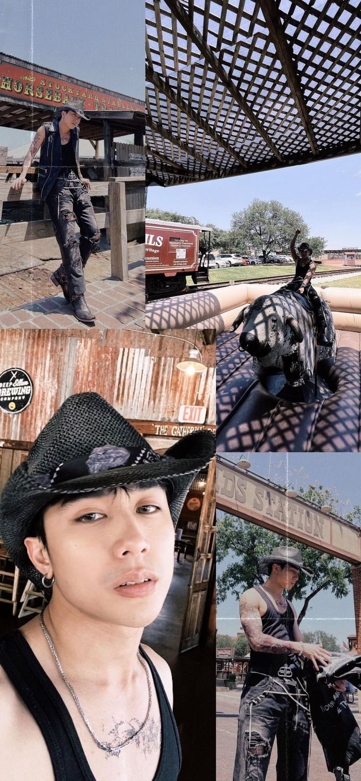 a collage of photos shows a man riding a motorcycle and wearing a cowboy hat