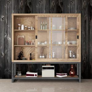 a wooden cabinet filled with lots of different items