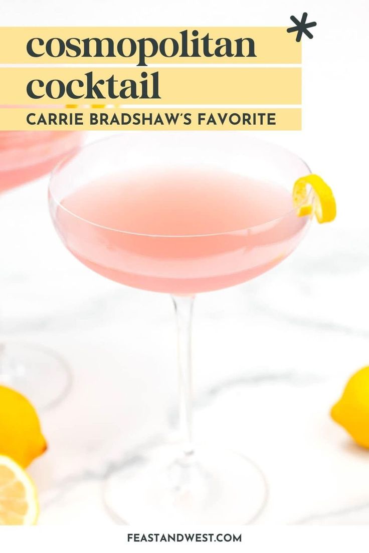 a pink cocktail in a coupe glass with lemons around it and the words cosmopolian cocktail