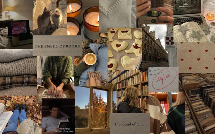 a collage of pictures with books, candles, and other things in them that are all over the place