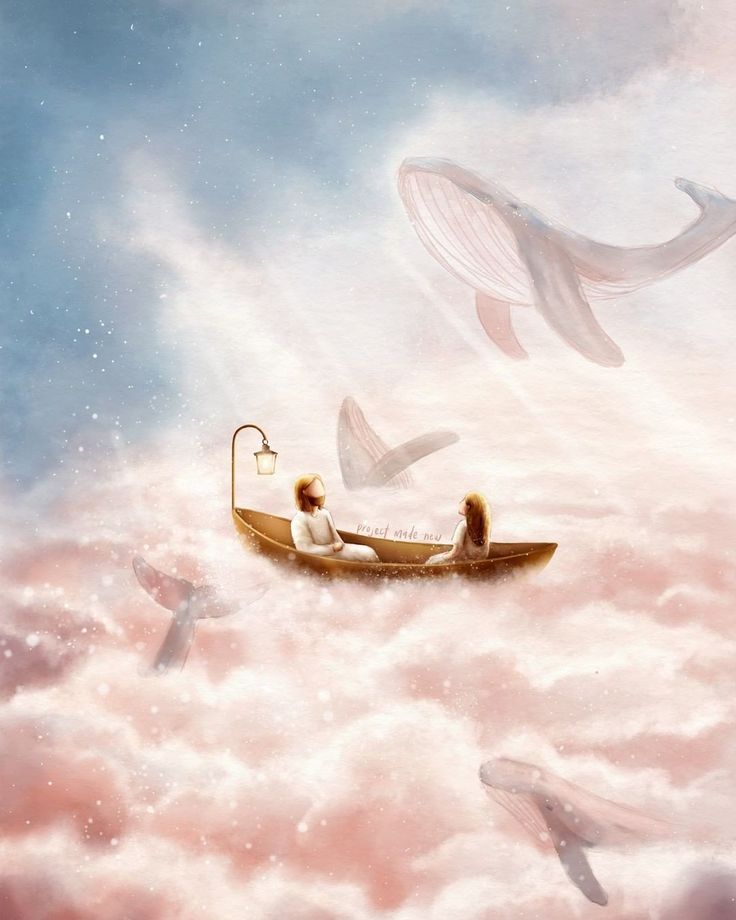 two people in a boat floating on top of clouds