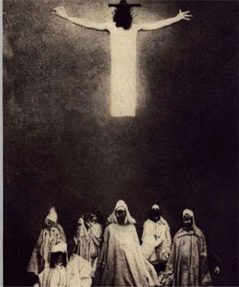 the crucifix is displayed in this black and white photo with people dressed as jesus