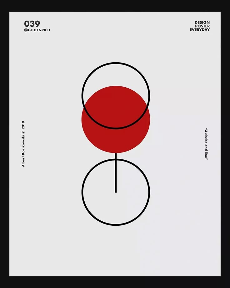 a poster with an image of a red object in the center and black circles around it