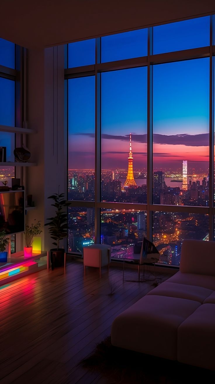 a living room filled with furniture and large windows overlooking the city at night, lit up by colorful lights