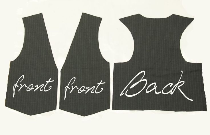 three vests with the words front and back written on them, all in white