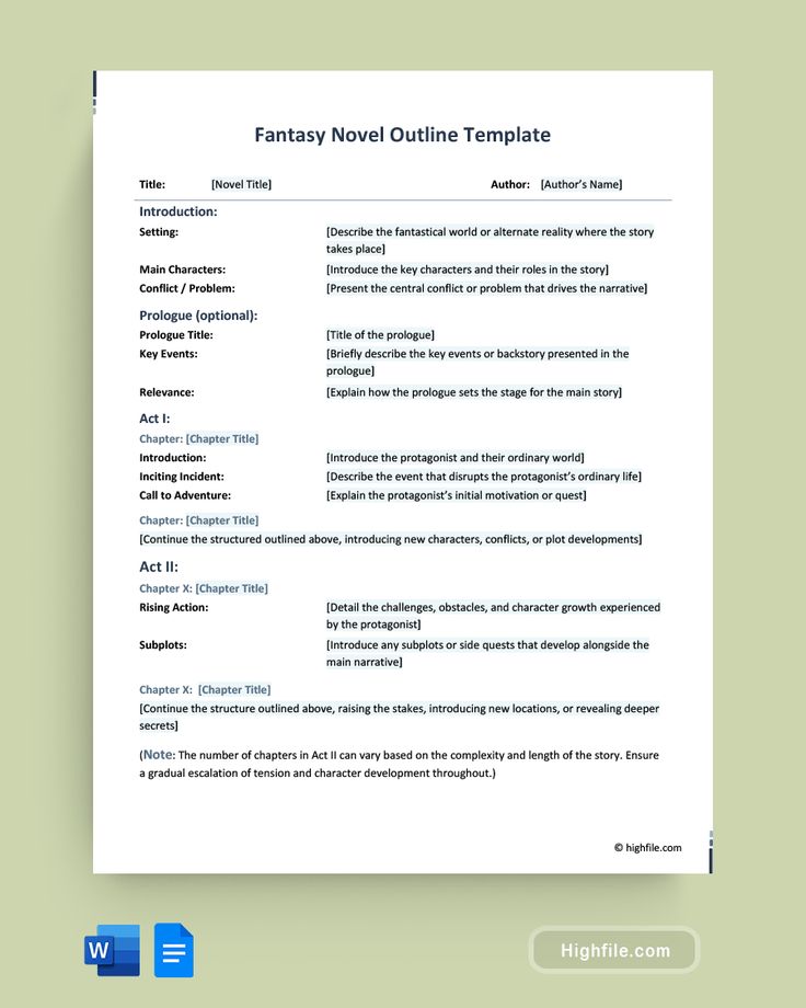 the fantasy novel outline template is displayed on a white sheet with blue text and green background