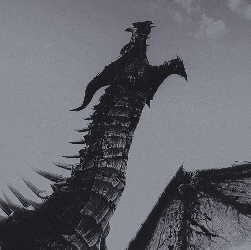 a black and white photo of a dragon with its head turned to the side, in front of a cloudy sky