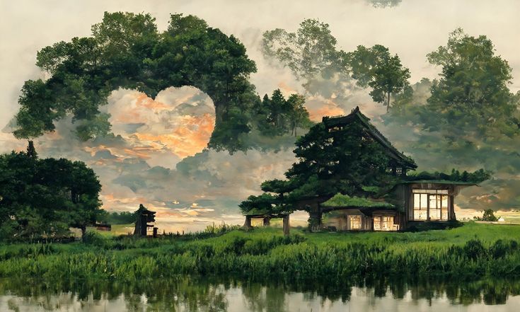 a painting of a house in the middle of a field with trees and water around it