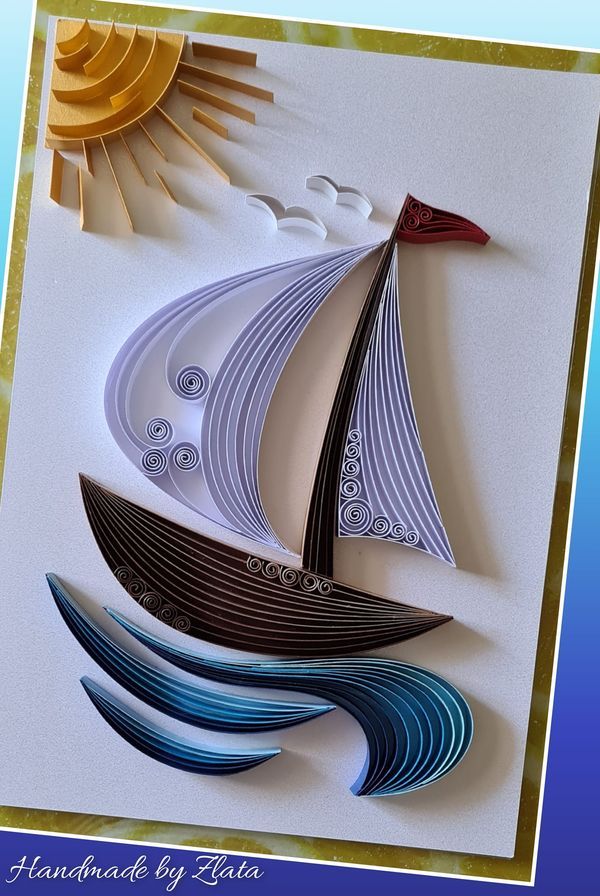 a card with an image of a sailboat on the water and sun in the background