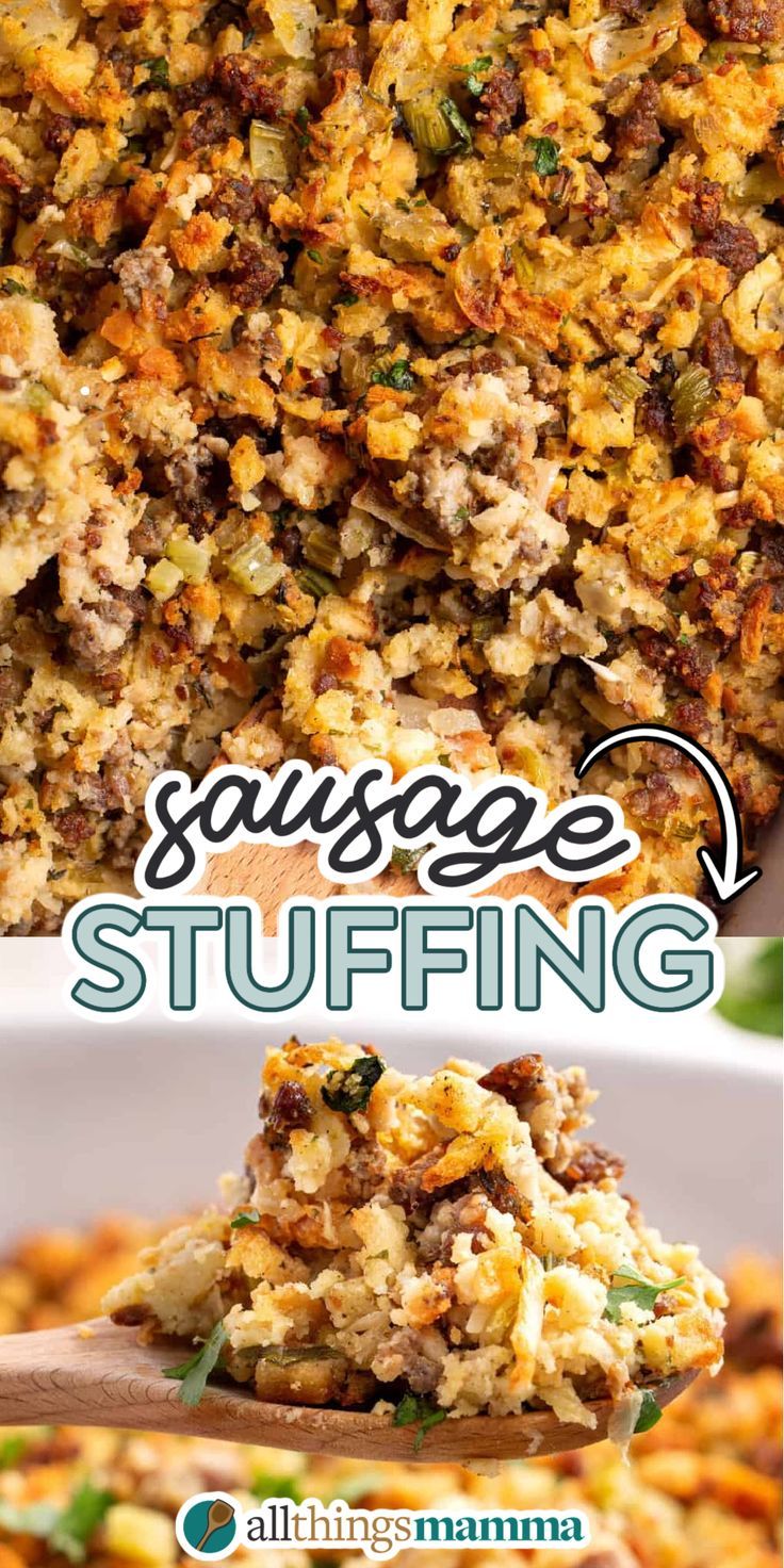 collage image of Sausage Stuffing. Sausage Stuffing Crockpot Recipe, Pepperidge Farm Stuffing With Sausage, Stuffing With Sausage And Cranberries, Hamburger Stuffing Thanksgiving, Oven Baked Stuffing Thanksgiving, Sage Sausage Stuffing Jimmy Dean, Stuffing With Boxed Stuffing, Sausage Sage Stuffing Recipes, Baked Sausage Stuffing