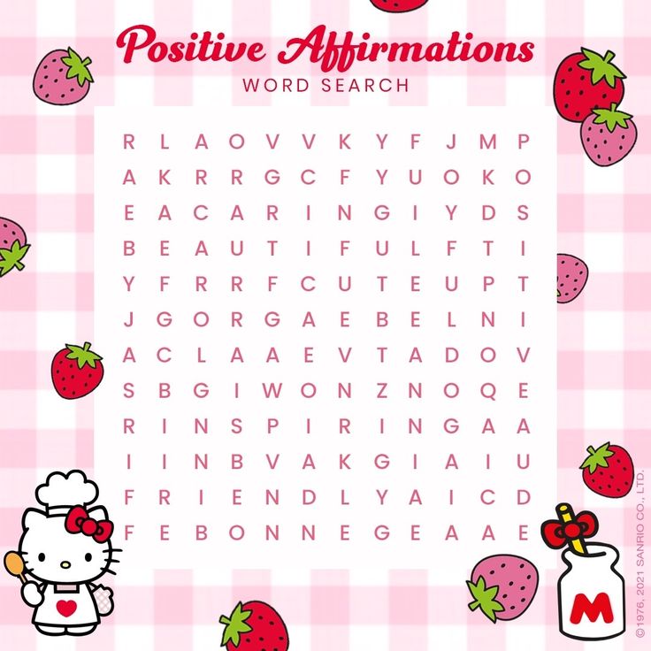 a hello kitty word search is shown with strawberrys