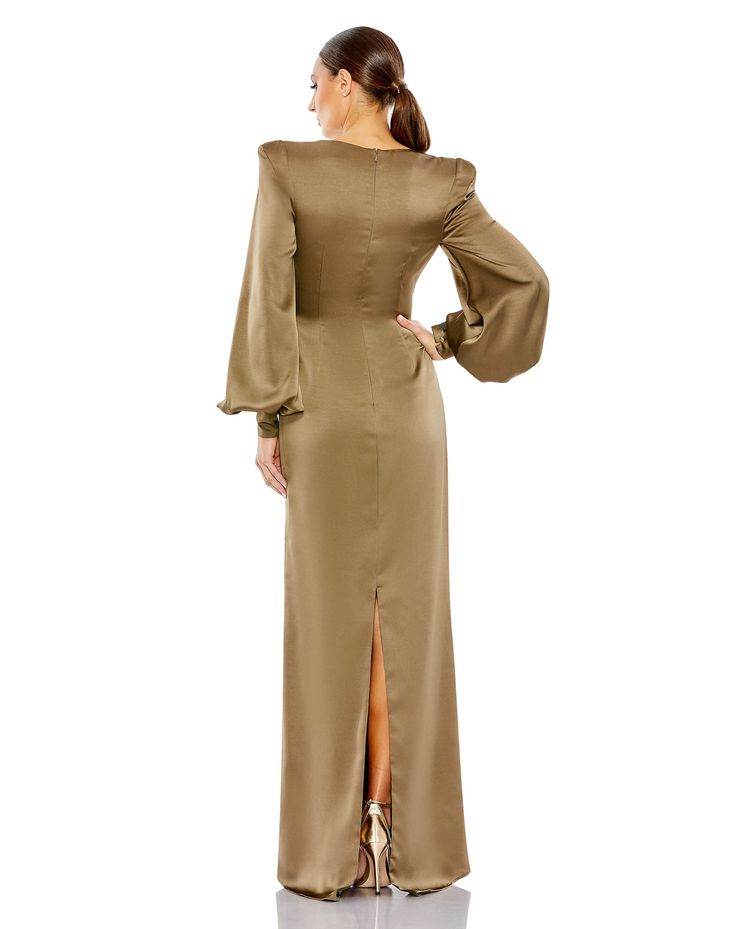 Mac Duggal Long bishop sleeves Plunge neckline Approx. 62.5" from top of shoulder to bottom hem Fully lined through body Available in Olive Style #26703 Formal Fall Dresses With Blouson Sleeves, Evening Long Sleeve Maxi Dress With Gathered Sleeves, Evening Maxi Dress With Gathered Sleeves, Maxi Dress With Elastic Long Sleeves For Evening, Elegant Long Sleeve Dress With Elastic Shoulders, Evening Dress With Bishop Sleeves, Party Maxi Dress With Bishop Elastic Sleeves, Formal Fitted Maxi Dress With Lantern Sleeves, Formal Dresses With Elastic Shoulders