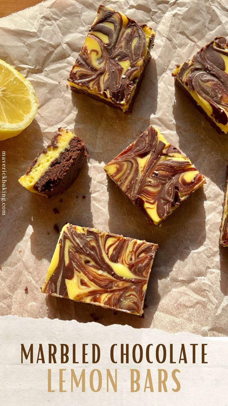 marbled chocolate lemon bars on parchment paper