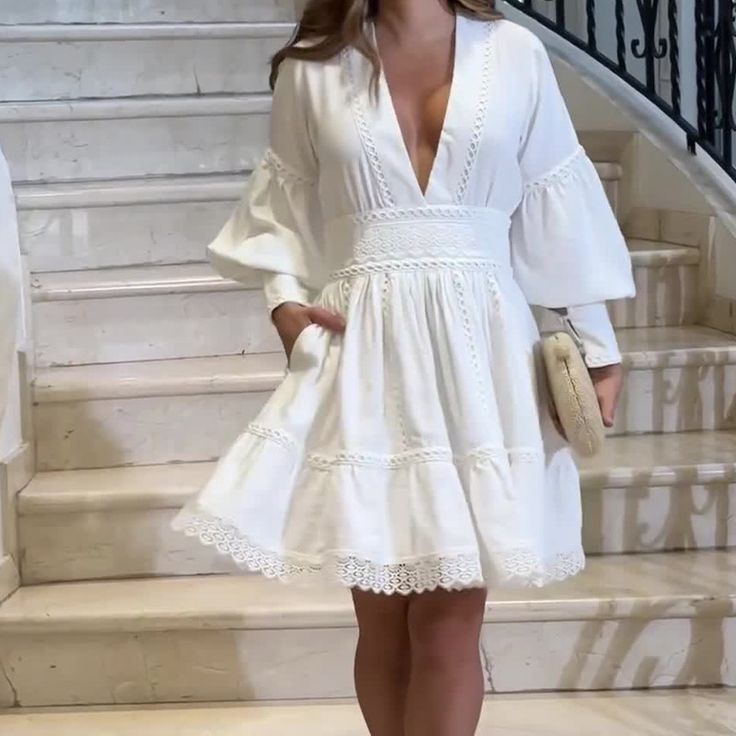 Fashionable Hollow V-neck Sexy High Waist Long Sleeve Dress white-XS White Long Sleeve Dress, Yellow Dress, White Dress, Dresses With Sleeves, V Neck, High Waisted, Long Sleeve Dress, Yellow, Grey