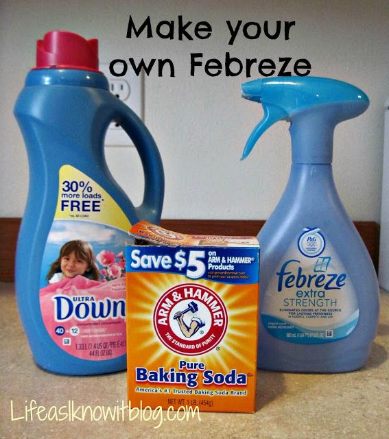 two bottles of detergent and a box of baking soda on a counter top with the words, make your own febze