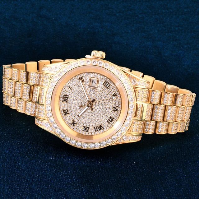 Looking for a little luxury in your life? Then treat yourself to one of our amazing zircon-encrusted watches! These beauties are made with high quality gold-plated stainless steel and adorned with dazzling zircon stones. They're the perfect way to add a touch of luxury and refinement to your everyday look. Plus, they're extremely affordable, so you can indulge in a little luxury without breaking the bank. So go ahead and treat yourself today! You deserve it! PRODUCT DETAILS: Band Length: 20inch Style: Business Movement: Quartz Certification: NONE Water Resistance Depth: 5Bar Clasp Type: Bracelet Clasp Origin: CN(Origin) Case Material: Stainless Steel Case Thickness: 13mm Dial Window Material Type: Hardlex Item Type: Quartz Wristwatches Boxes & Cases Material: Paper Band Material Type: Stai Luxury Gold Diamond Watch With Accents, Luxury Gold Diamond Watch With Diamond Accents, Gold Stainless Steel Diamond Watch With Round Dial, Gold Diamond Watch With Bling, Gold Diamond Watch With Cubic Zirconia Bling, Gold Embellished Cubic Zirconia Diamond Watch, Cubic Zirconia Diamond Watch With Bling, Gold Diamond Watch With Accents, Gold Crystal Diamond Watch For Formal Occasions