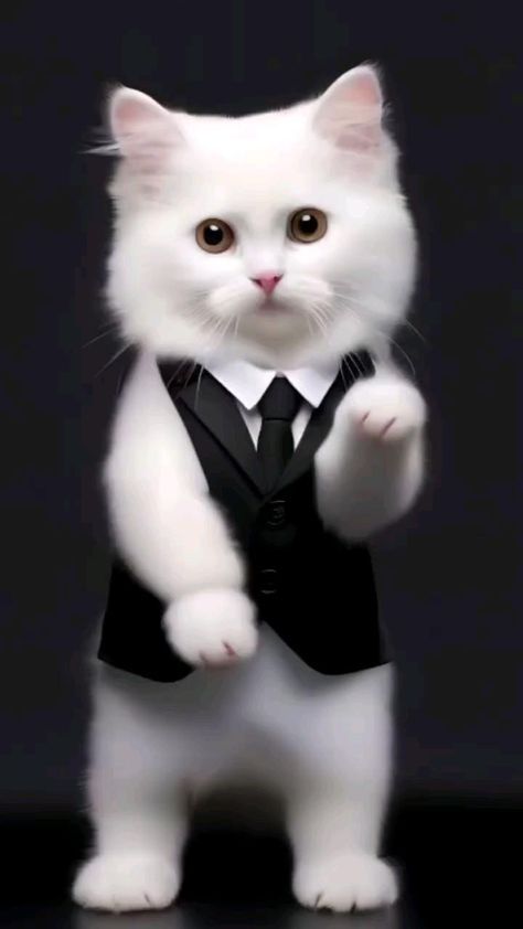 a white cat in a suit and tie standing on its hind legs with one paw up