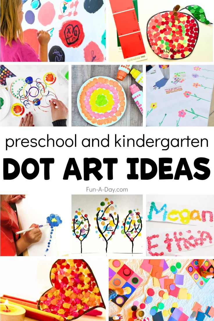 the words preschool and kindergartn dot art ideas are shown in this collage