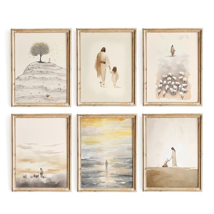 four framed paintings depicting people and animals on the beach, each with their own child's artwork