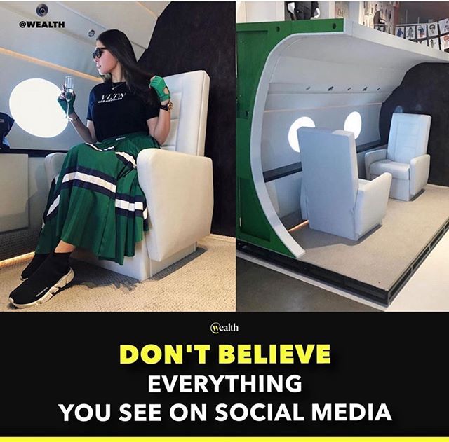 a woman sitting in a chair with the caption don't believe everything you see on social media