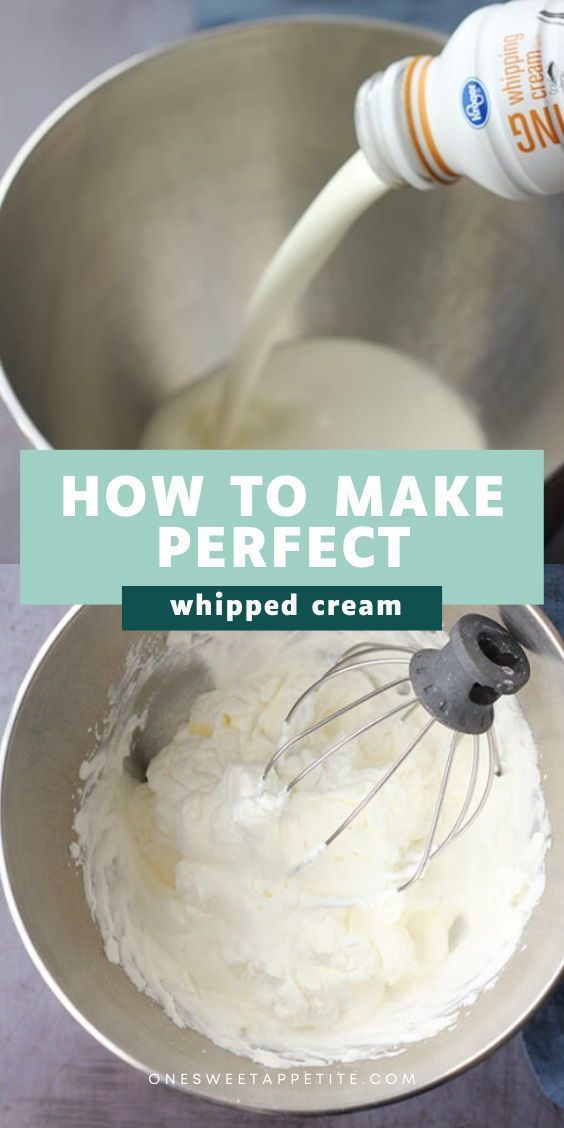 whipped cream being whisked into a mixing bowl with the words how to make perfect whipped cream